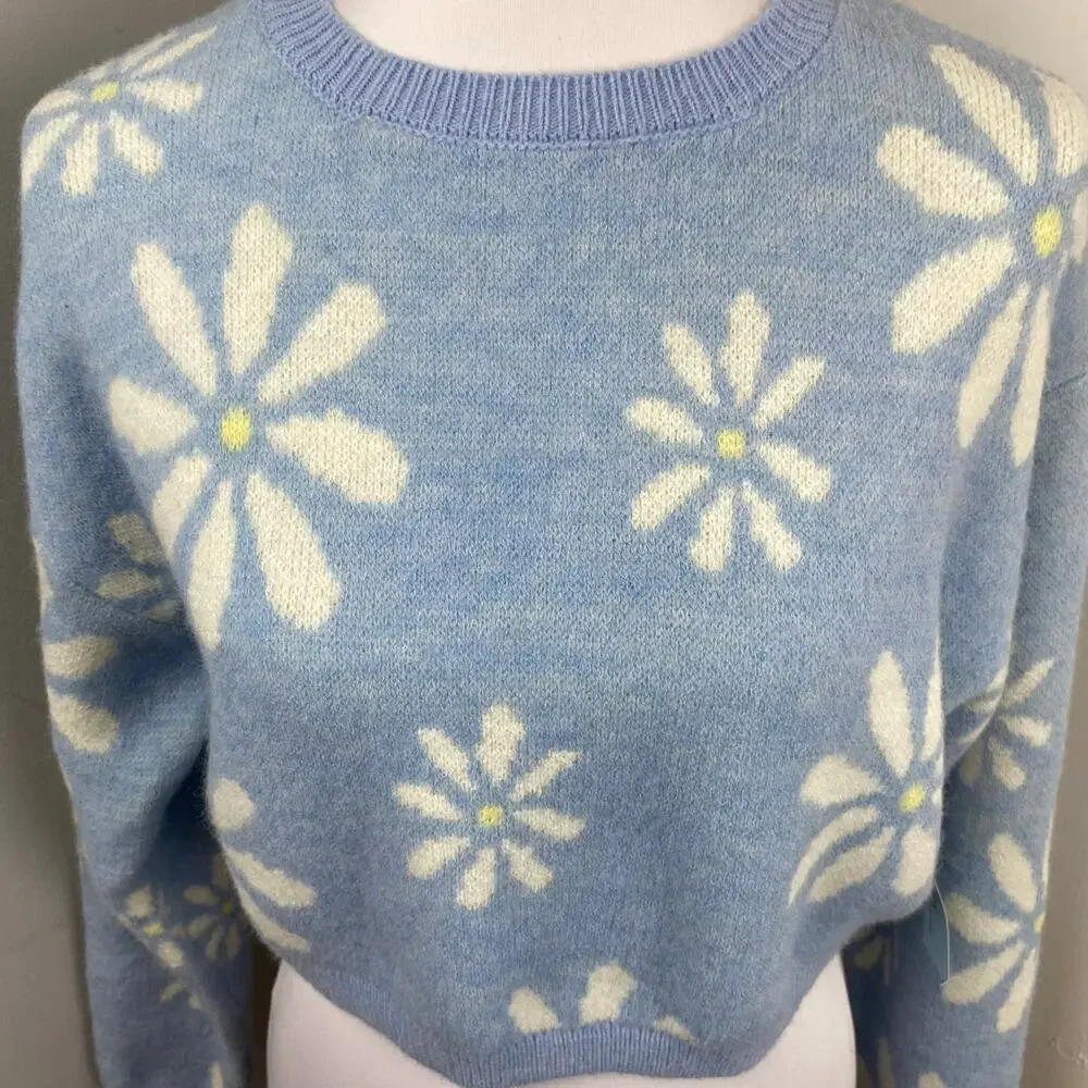 Witty Fox Blue Retro Floral Cropped Knit Sweater Large Daisy - Picture 2 of 7